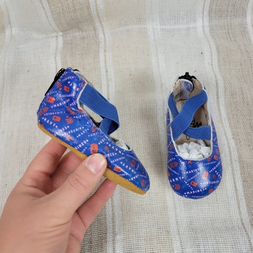 NEW Monkey‎ Feet Ballerina Leather Moccasins Military Blue Size 3-6 Months